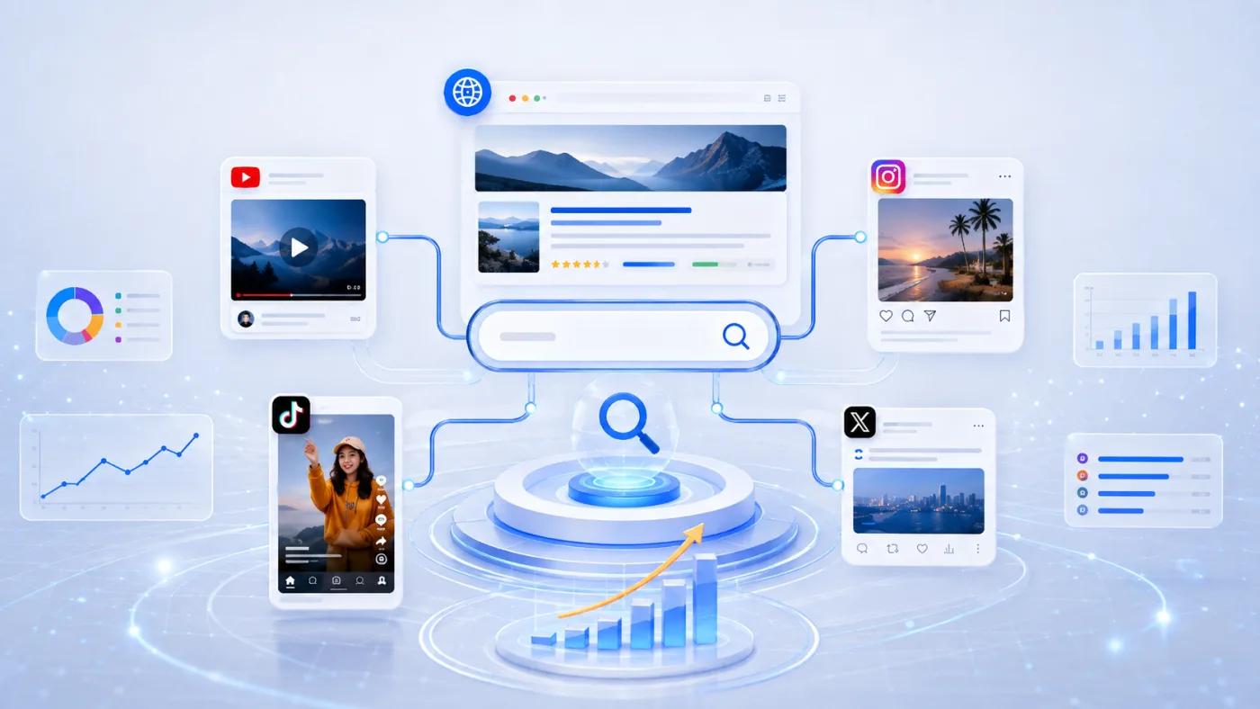 以搜索框为中心，官网、YouTube、Instagram、TikTok、X 内容同时环绕并带增长曲线